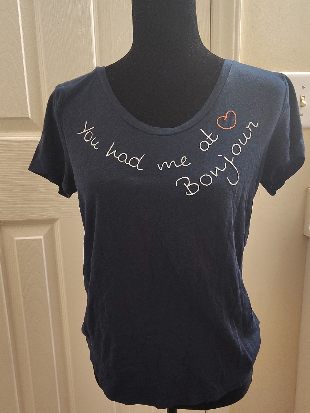 Navy 'You had me at Bonjour' Embroidered Tee